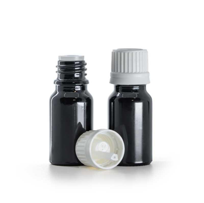 Frasco de vidrio negro brillante, tapón blanco con cuentagotas, 10 ml