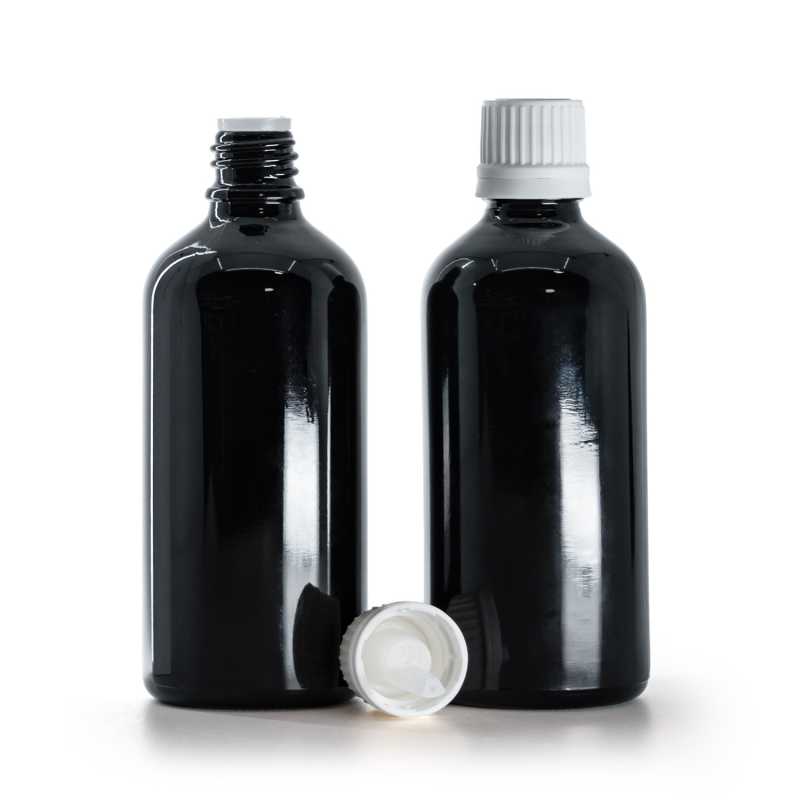 Frasco de vidrio negro brillante, tapón blanco con cuentagotas, 100 ml