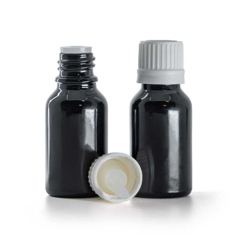 Frasco de vidrio negro brillante, tapón blanco con cuentagotas interior, 15 ml