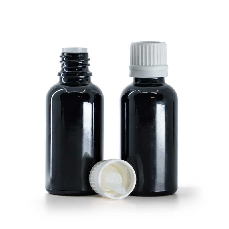 Frasco de vidrio negro brillante, tapón blanco inviolable con cuentagotas interior, 30 ml