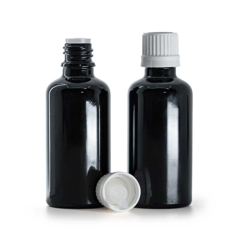 Frasco de vidrio negro brillante, tapón blanco con cuentagotas, 50 ml
