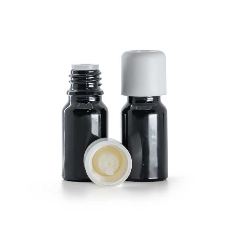 Frasco de vidrio, negro brillante, tapón cuentagotas de seguridad blanco, 10 ml