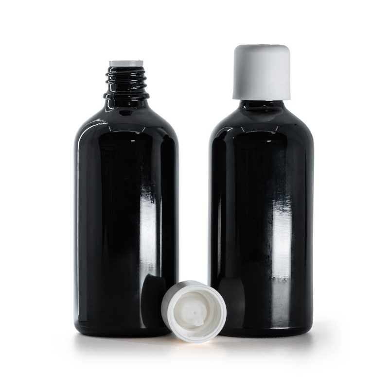 Frasco de vidrio, negro brillante, tapón de seguridad blanco con cuentagotas, 100 ml