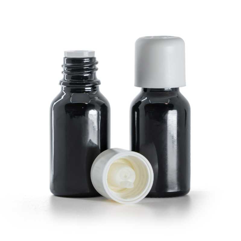 Botella de vidrio, negro brillante, tapón de seguridad blanco con cuentagotas, 15 ml