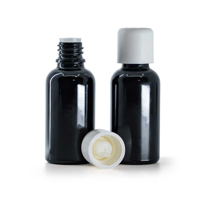 Frasco de vidrio, negro brillante, tapón de seguridad blanco con cuentagotas, 30 ml