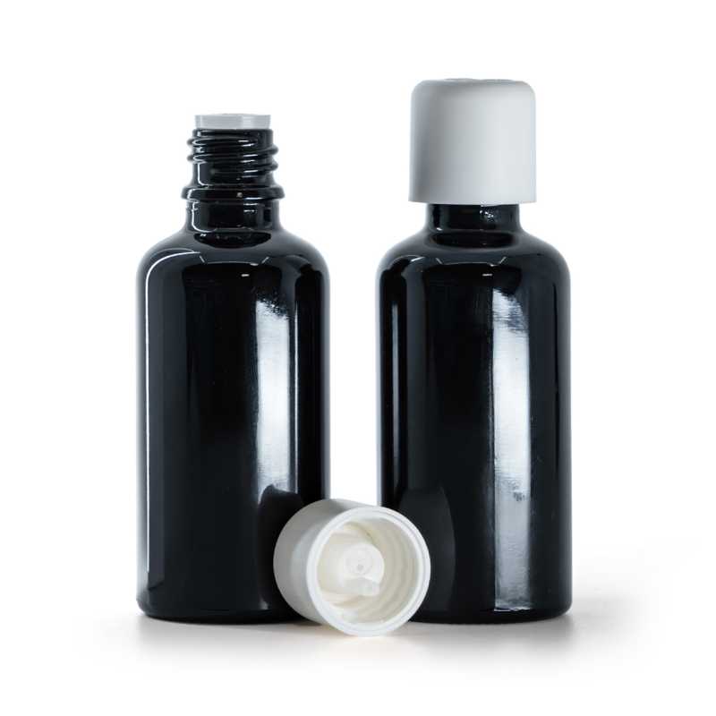 Frasco de vidrio, negro brillante, tapón de seguridad blanco con cuentagotas, 50 ml