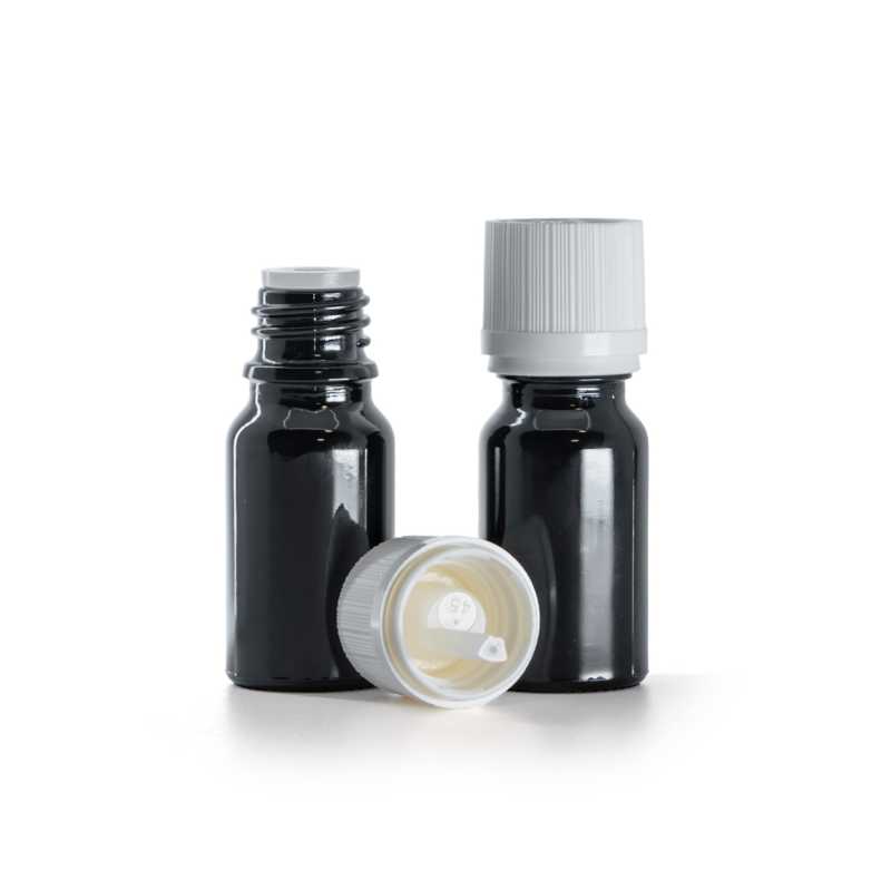Botella de vidrio, negra brillante, tapón de seguridad blanco con cuentagotas, 10 ml