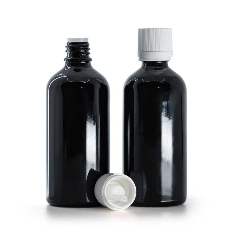 Botella de vidrio, negro brillante, tapón de seguridad blanco con cuentagotas, 100 ml
