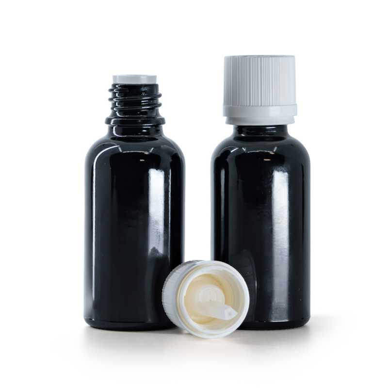 Botella de vidrio, negra brillante, tapón de seguridad blanco con gotero, 30 ml