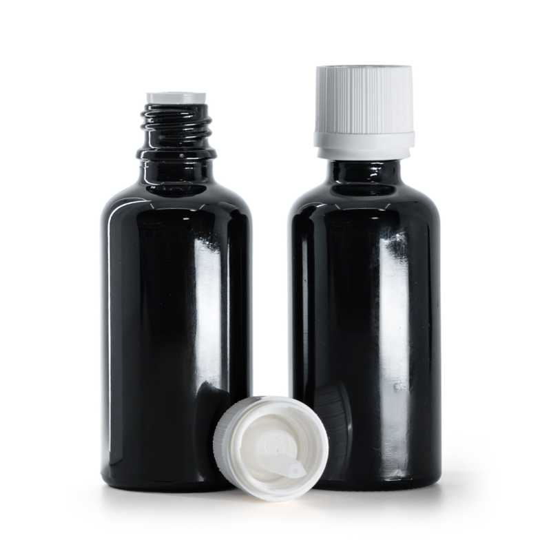 Frasco de vidrio, negro brillante, tapón de seguridad inviolable blanco con cuentagotas, 50 ml