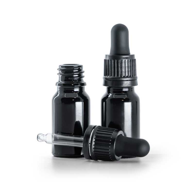 Frasco de vidrio, negro brillante, cuentagotas inviolable negro, 10 ml