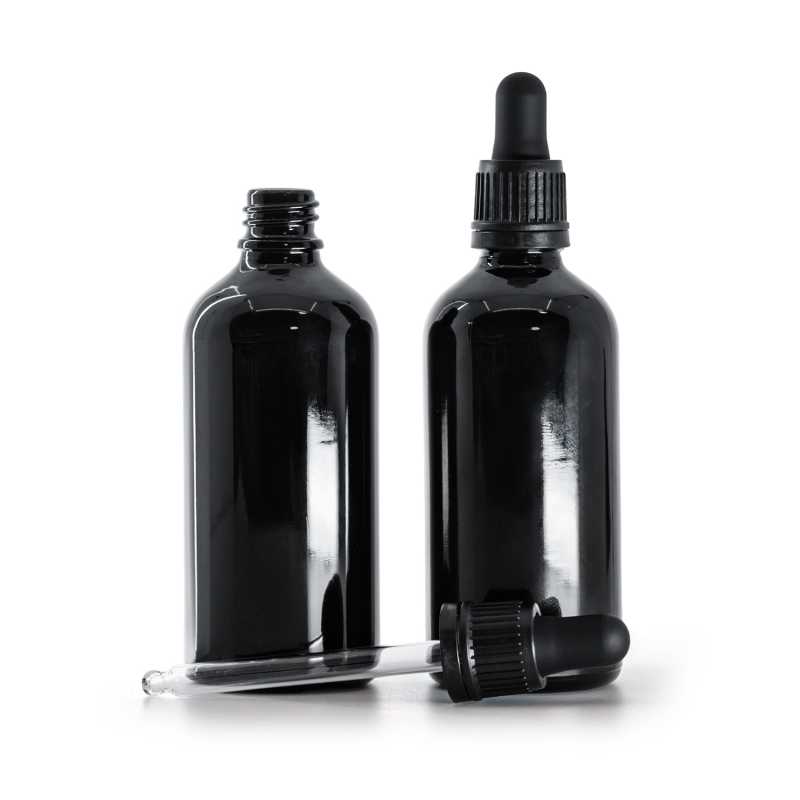 Frasco de vidrio, negro brillante, cuentagotas inviolable negro, 100 ml