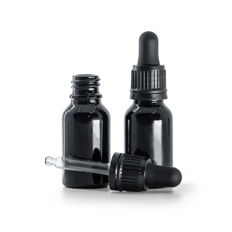 Frasco de vidrio, negro brillante, cuentagotas negro inviolable, 15 ml