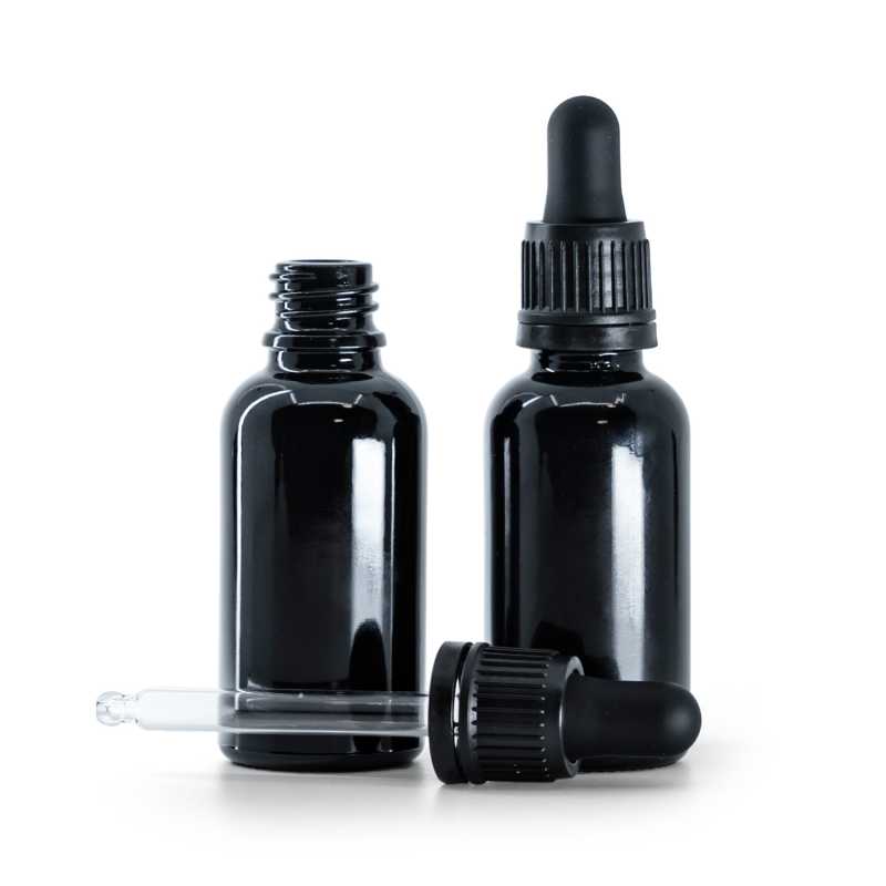Botella de vidrio, negro brillante, cuentagotas negro, 30 ml
