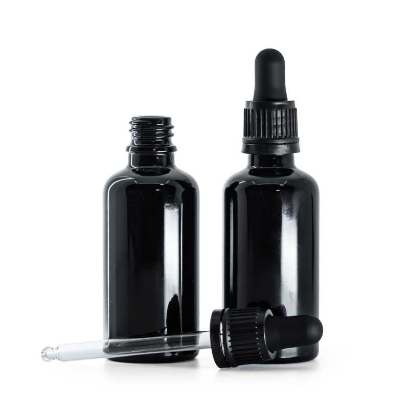 Botella de vidrio, negro brillante, cuentagotas negro inviolable, 50 ml