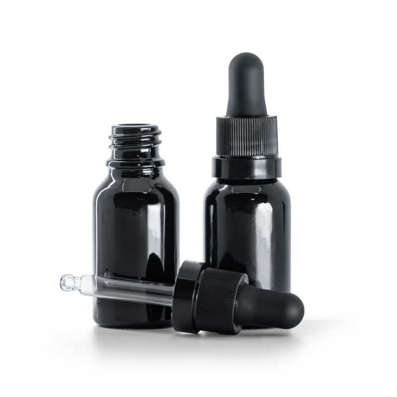 Frasco de vidrio, negro, gotero negro con franja brillante, 15 ml