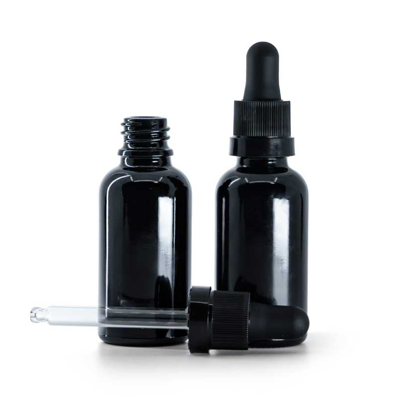 Frasco de vidrio, negro brillante, gotero negro mate con anillo brillante, 30 ml
