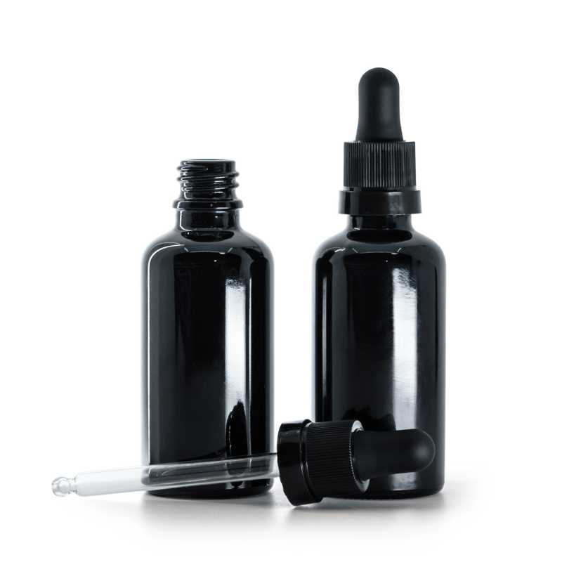 Frasco de vidrio, negro, cuentagotas, 50 ml