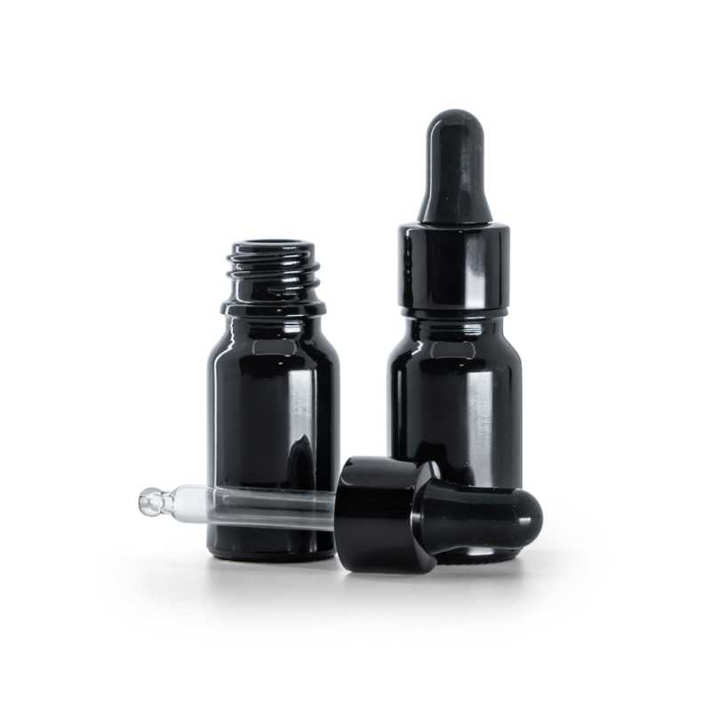 Frasco de vidrio, negro brillante, cuentagotas negro brillante, 10 ml
