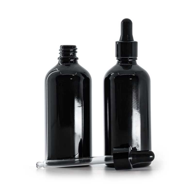Frasco de vidrio, negro brillante, cuentagotas negro brillante, 100 ml