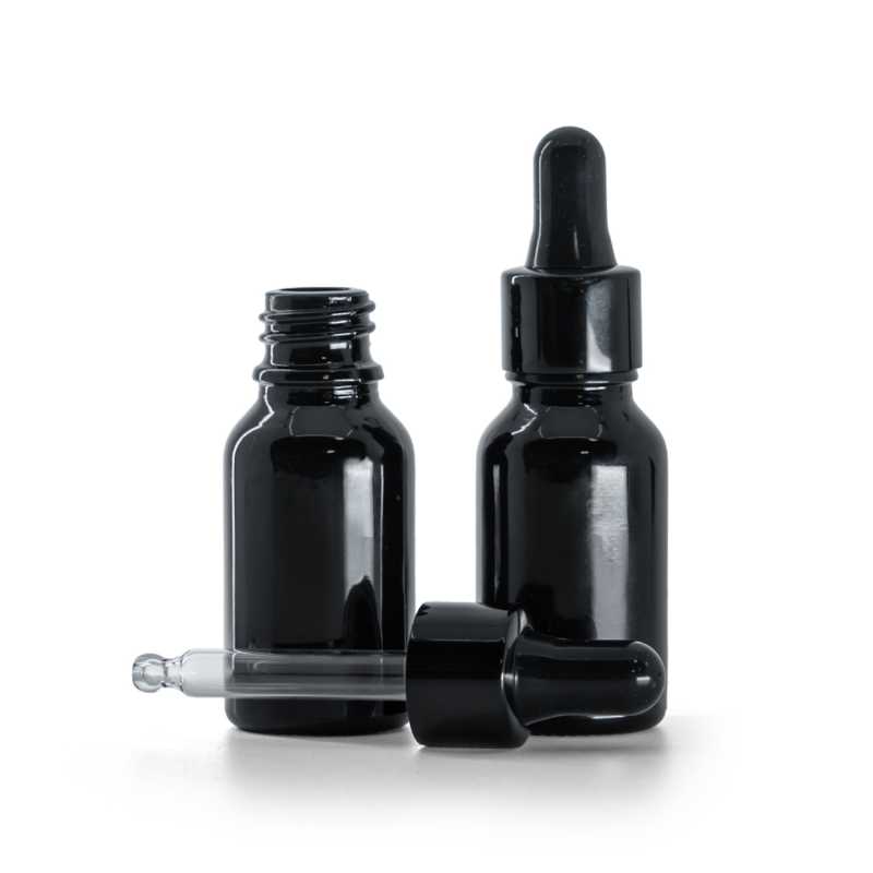 Botella de vidrio, negra brillante, cuentagotas negro brillante, 15 ml