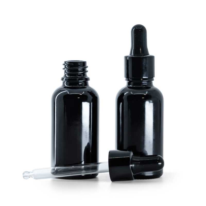 Botella de vidrio, negra brillante, cuentagotas negro brillante, 30 ml