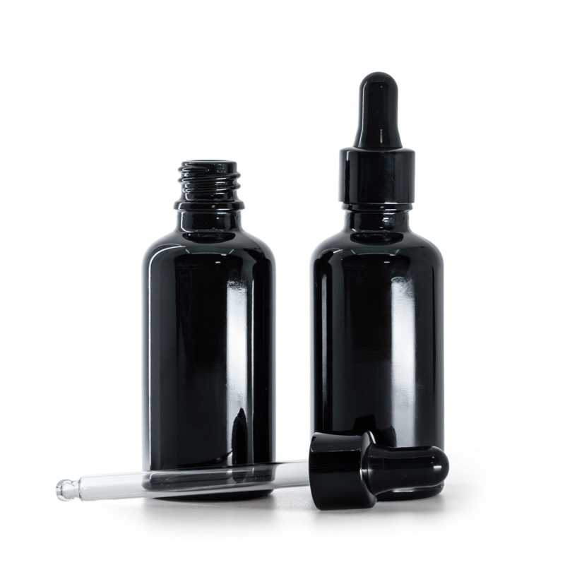 Frasco de vidrio, negro brillante, cuentagotas negro brillante, 50 ml
