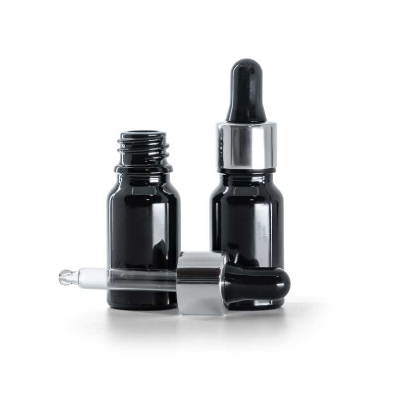 Botella de vidrio, negro brillante, gotero negro plateado brillante, 10 ml