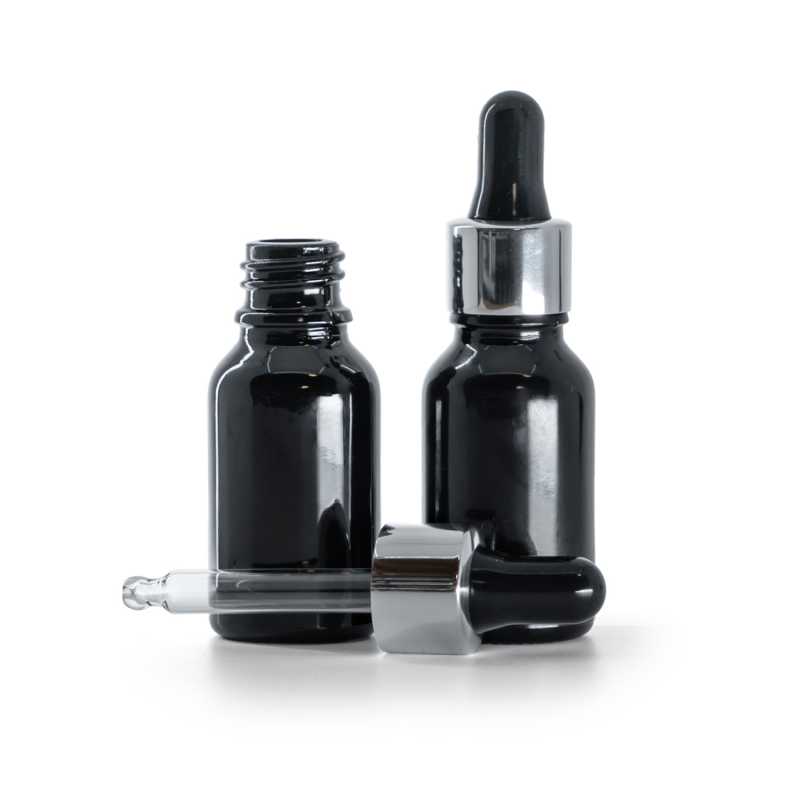 Frasco de vidrio, negro brillante, cuentagotas negro plateado brillante, 15 ml
