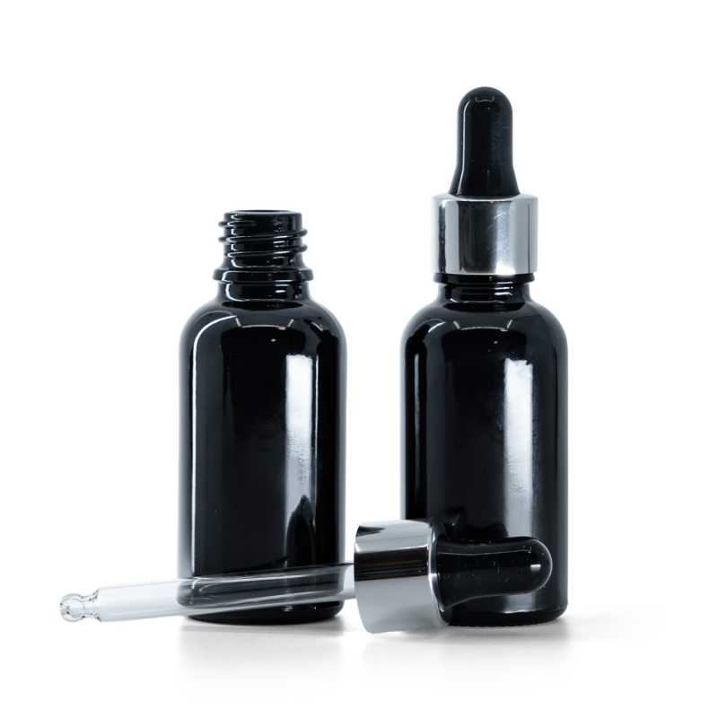 Botella de vidrio, negro brillante, cuentagotas negro plateado brillante, 30 ml