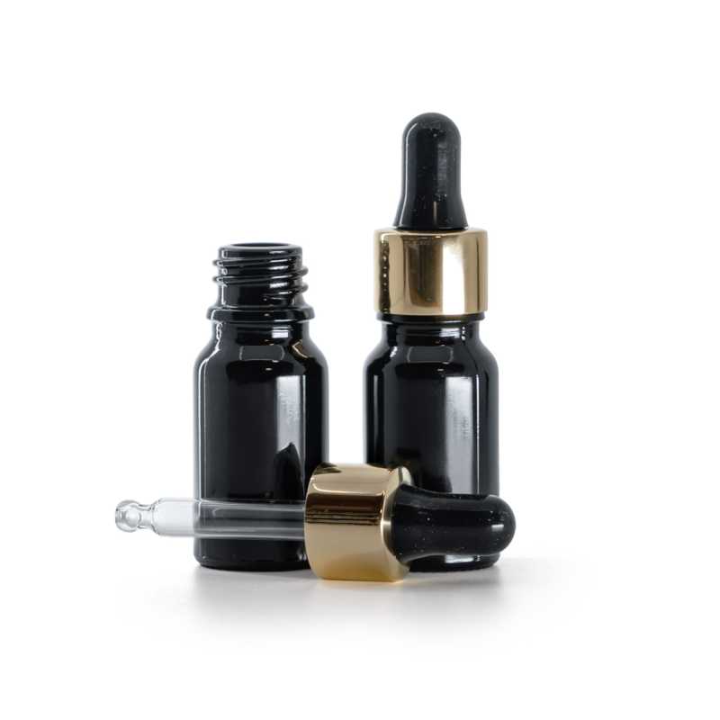 Frasco de vidrio, negro brillante, cuentagotas negro dorado, 10 ml