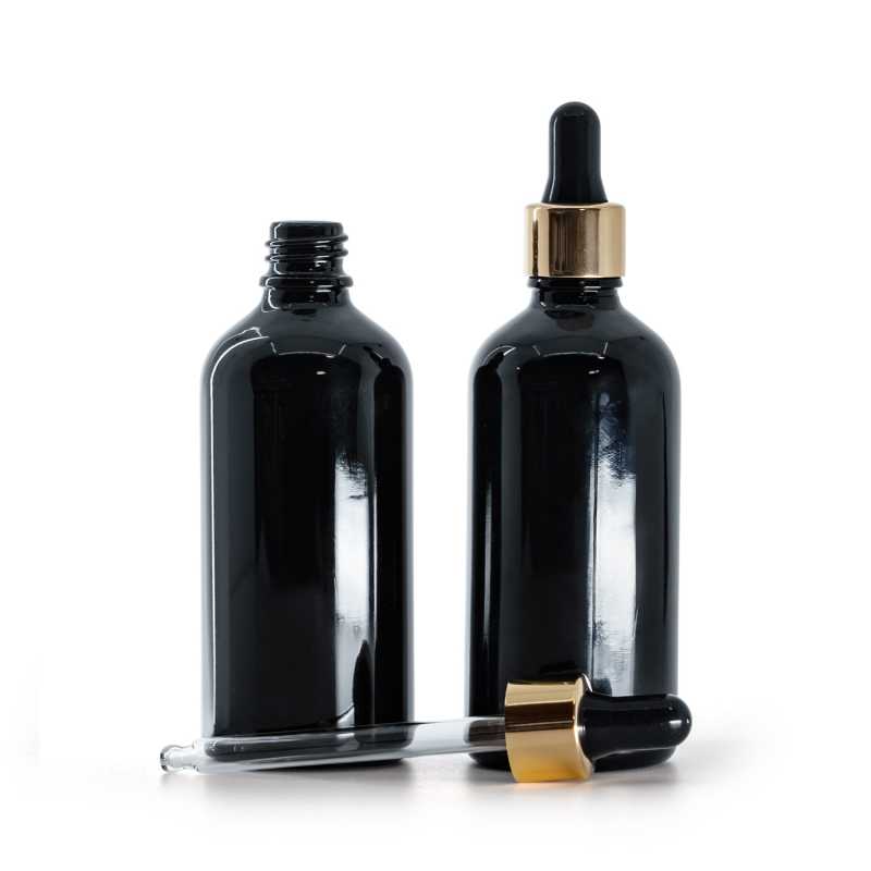 Frasco de vidrio, negro brillante, cuentagotas negro‑dorado, 100 ml
