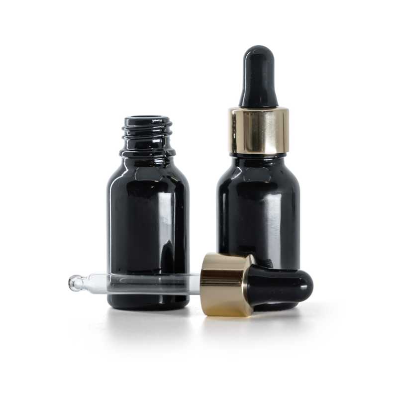 Botella de vidrio, negra brillante, cuentagotas negro y dorado, 15 ml