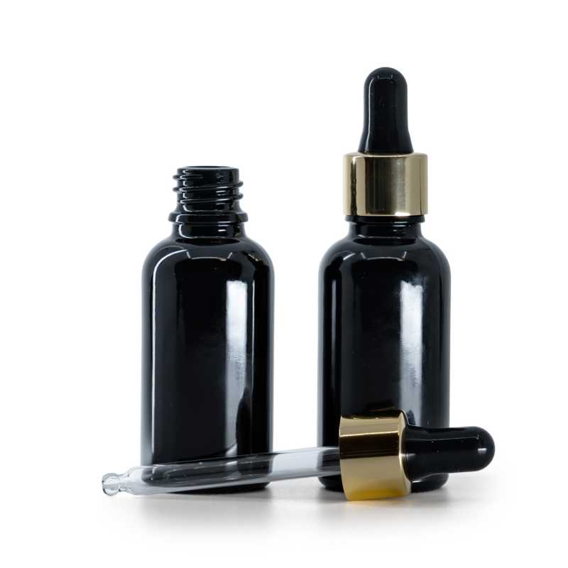 Frasco de vidrio, negro brillante, cuentagotas negro dorado, 30 ml