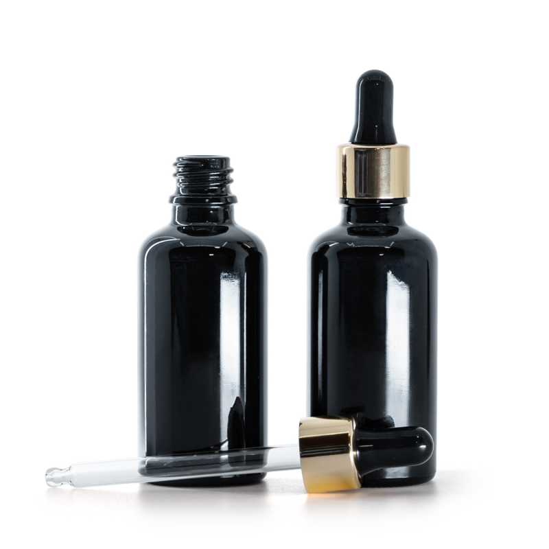 Frasco de vidrio, negro brillante, cuentagotas negro dorado, 50 ml