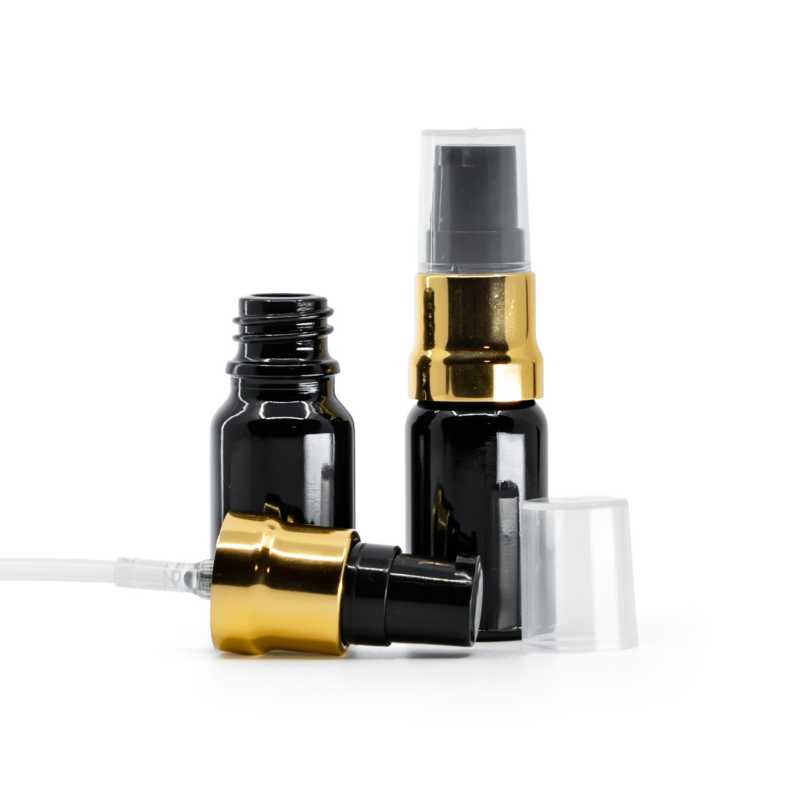 Botella de vidrio, negro brillante, dispensador negro y dorado brillante, tapa transparente, 10 ml
