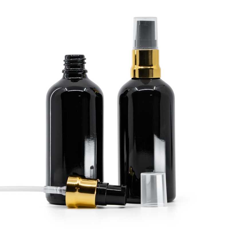 Frasco de vidrio, negro brillante, bomba negro dorado brillante, tapón transparente, 100 ml