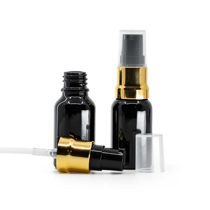 Botella de vidrio, negro brillante, dispensador negro y dorado brillante con tapa transparente, 15 ml