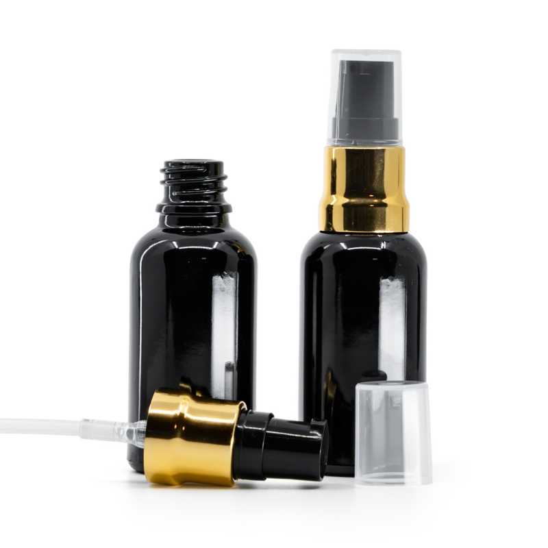Botella de vidrio, negra brillante, dispensador negro y dorado brillante, tapa exterior transparente, 30 ml
