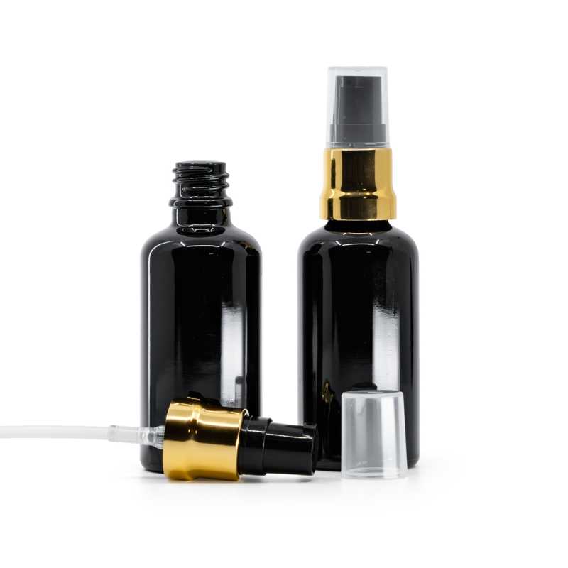 Botella de vidrio, negro brillante, dispensador negro y dorado brillante con tapa transparente, 50 ml