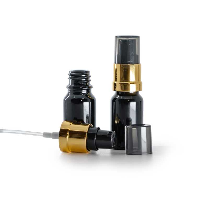 Frasco de vidrio negro brillante, dispensador negro y dorado brillante con sobretapa ahumada, 10 ml