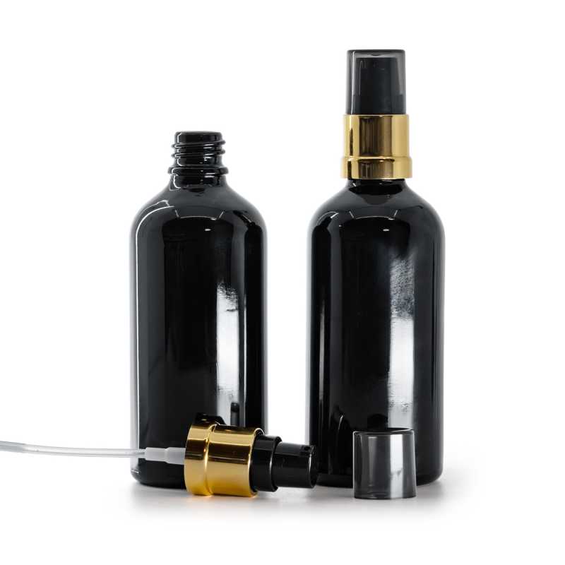 Frasco de vidrio negro brillante, bomba negra y dorada brillante con sobretapa ahumada, 100 ml