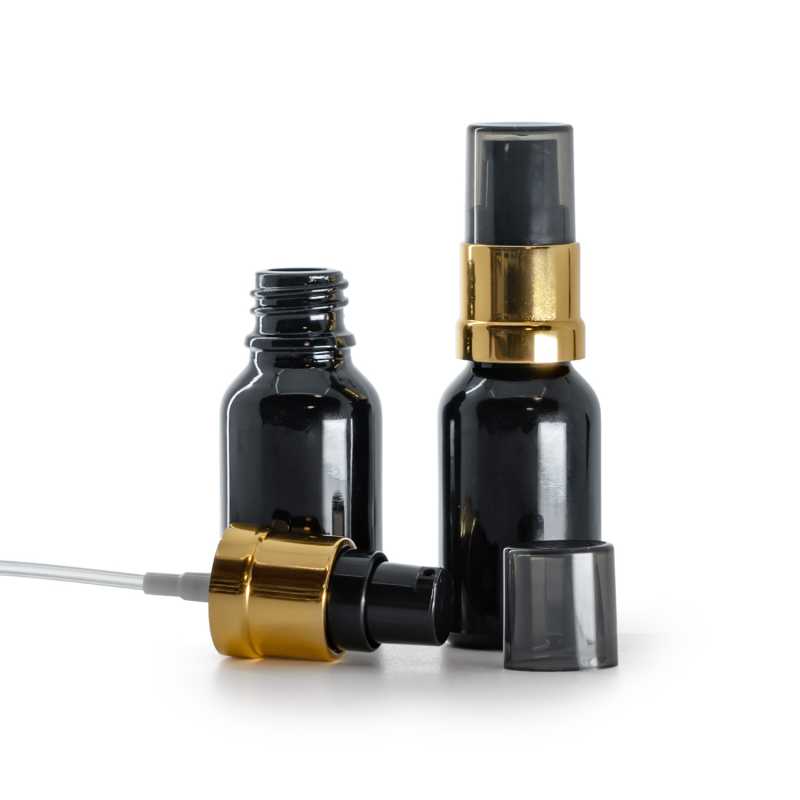 Frasco de vidrio negro brillante, dispensador negro y dorado brillante con sobretapa ahumada, 15 ml