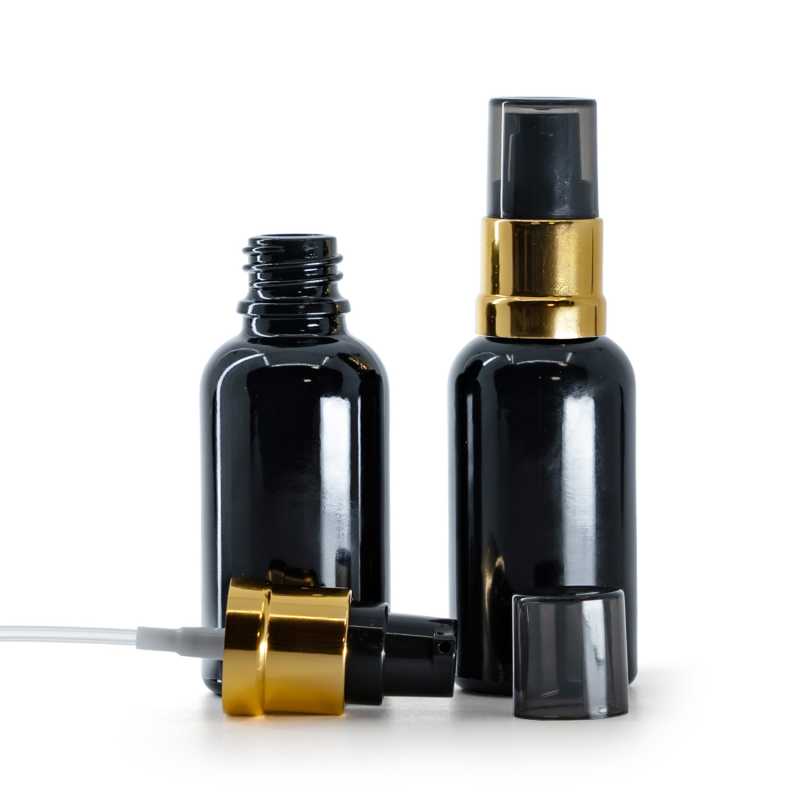 Frasco de vidrio negro brillante, bomba negra y dorada brillante con sobretapa ahumada, 30 ml