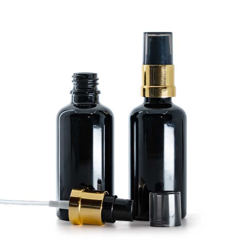 Frasco de vidrio negro brillante, bomba negro y dorado brillante con sobretapa ahumada, 50 ml