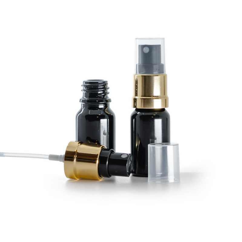 Botella de vidrio, negra brillante, pulverizador negro y dorado, 10 ml