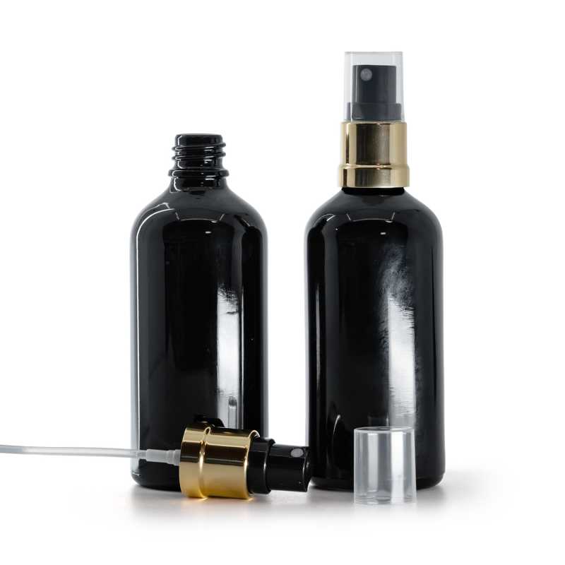 Botella de vidrio, negra brillante, pulverizador, negro y dorado brillante, 100 ml