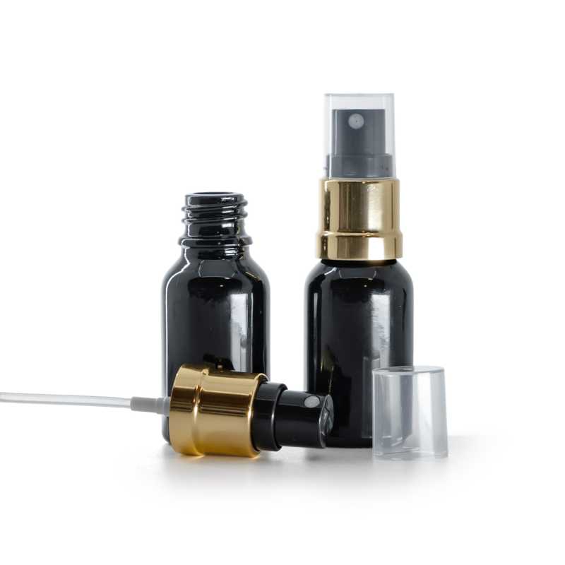 Botella de vidrio, negro brillante, pulverizador negro y dorado brillante, 15 ml