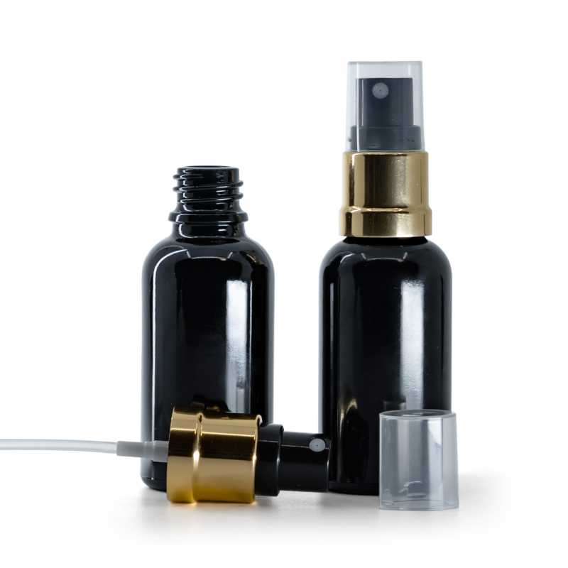 Botella de vidrio, negra brillante, pulverizador, negro y dorado brillante, 30 ml