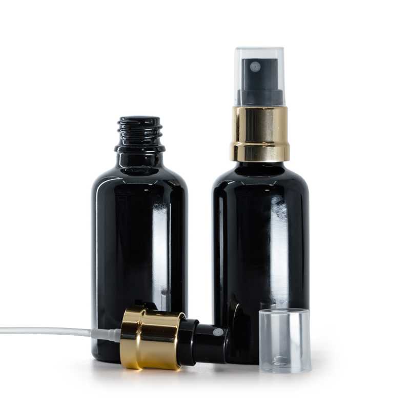 Botella de vidrio, negra brillante, pulverizador negro y dorado brillante, 50 ml